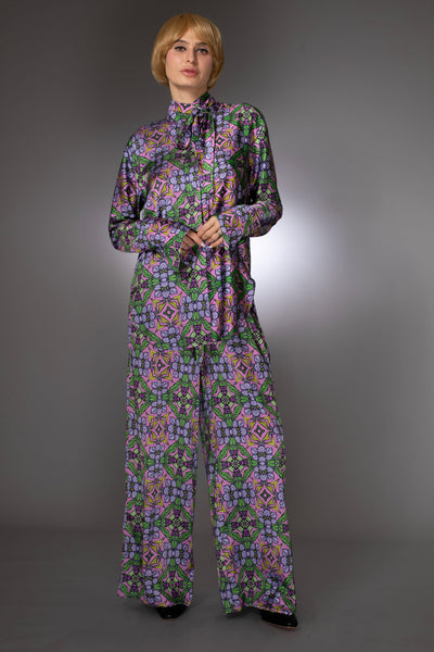 Floral Purple Stretch Satin Drawstring Pants