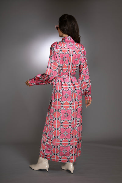 Long Sleeve Pink Satin Caftan Maxi Dress
