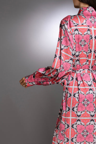 Long Sleeve Pink Satin Caftan Maxi Dress