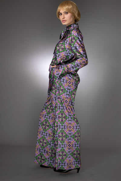 Floral Purple Stretch Satin Drawstring Pants