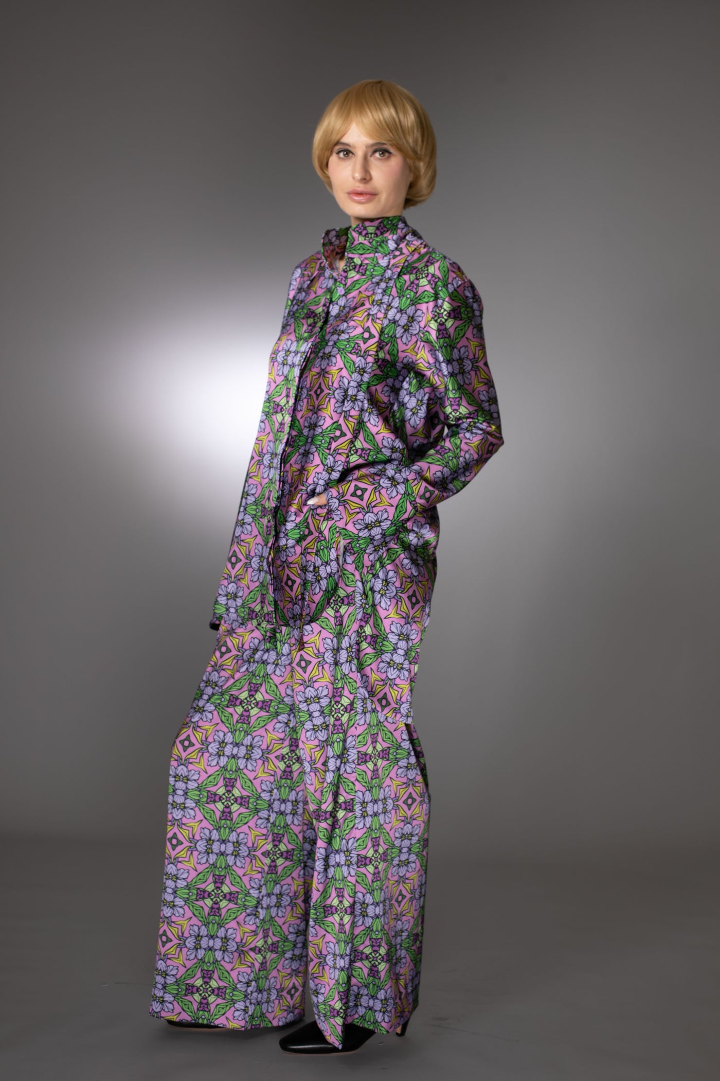 Floral Purple Stretch Satin Drawstring Pants
