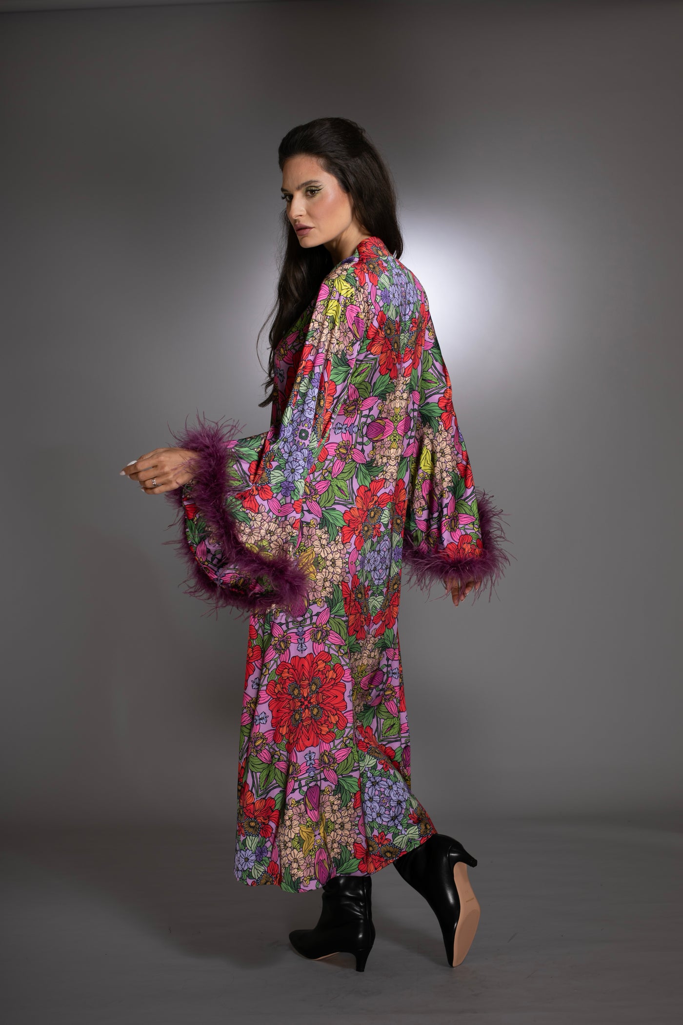 Red Floral High Low Gown Bell Sleeves Ostrich Feathers