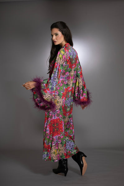 Red Floral High Low Gown Bell Sleeves Ostrich Feathers