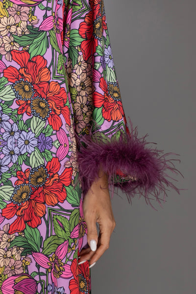 Red Floral High Low Gown Bell Sleeves Ostrich Feathers