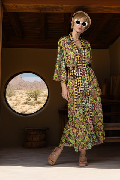 Brown Golden Duchess Floral Satin Kimono