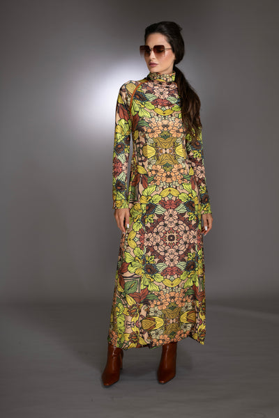 Golden Floral Long Sleeve Turtleneck Maxi Sweater Dress