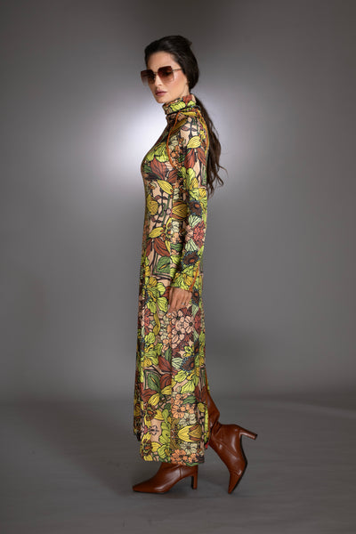 Golden Floral Long Sleeve Turtleneck Maxi Sweater Dress