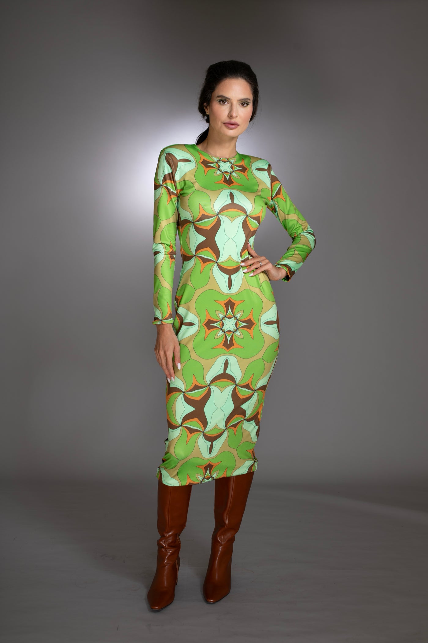 Abstract Print Green Mock-neck Midi Dress
