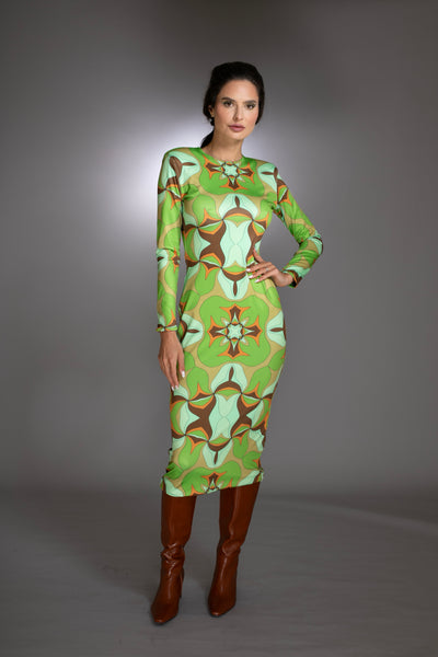 Abstract Print Green Mock-neck Midi Dress