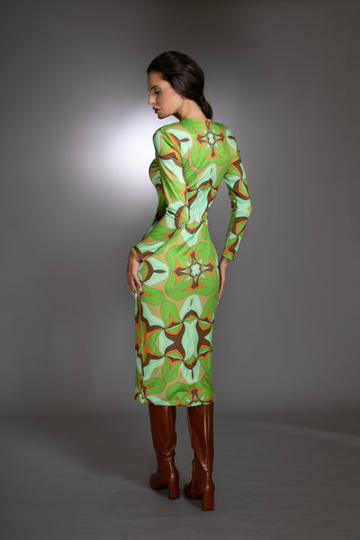 Abstract Print Green Mock-neck Midi Dress