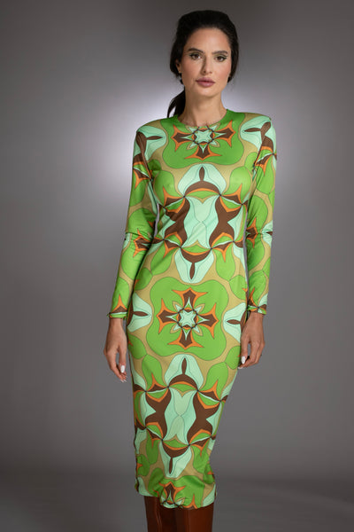 Abstract Print Green Mock-neck Midi Dress