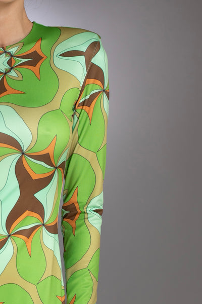 Abstract Print Green Mock-neck Midi Dress