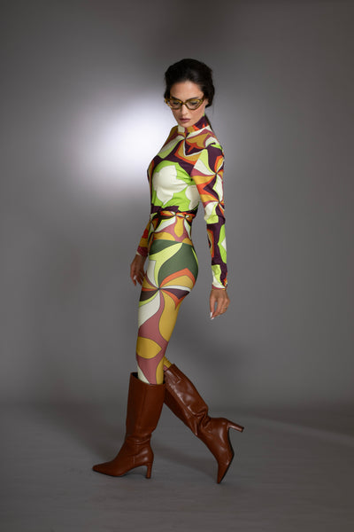 Abstract Brown Turtleneck Bodysuit