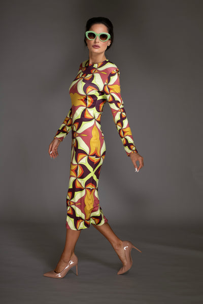 Abstract Print Brown Mock-neck Midi Dress