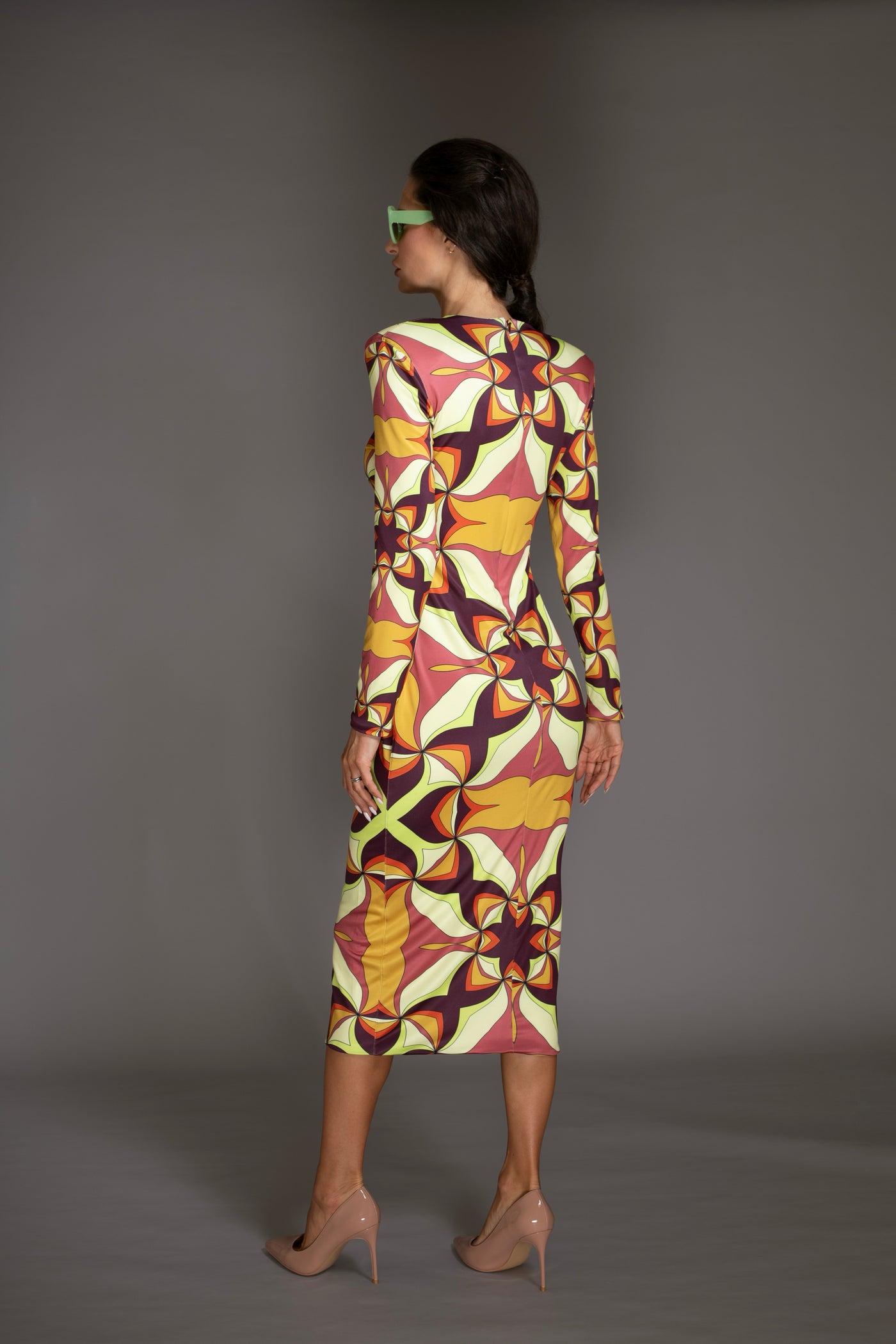 Abstract Print Brown Mock-neck Midi Dress