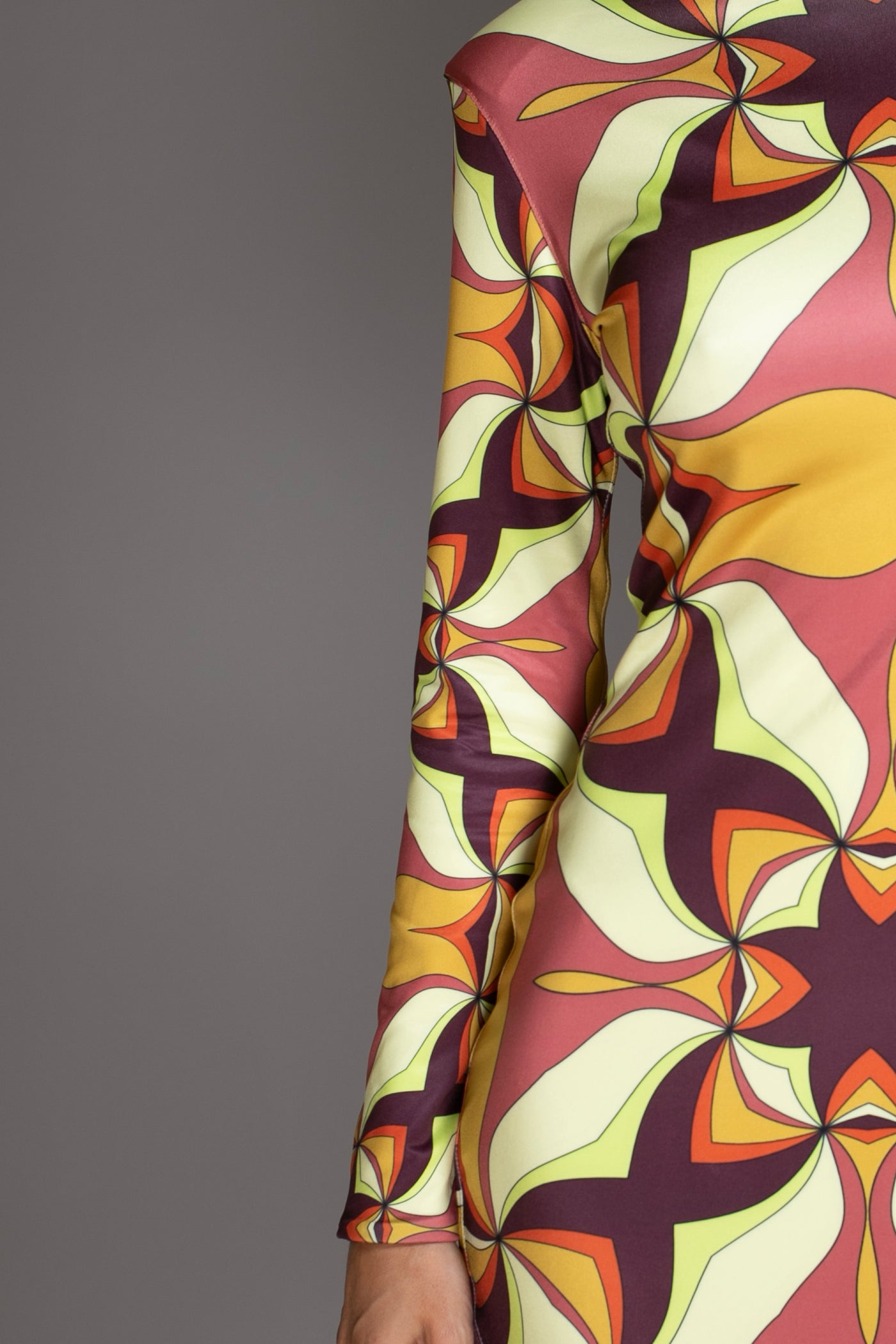 Abstract Print Brown Mock-neck Midi Dress