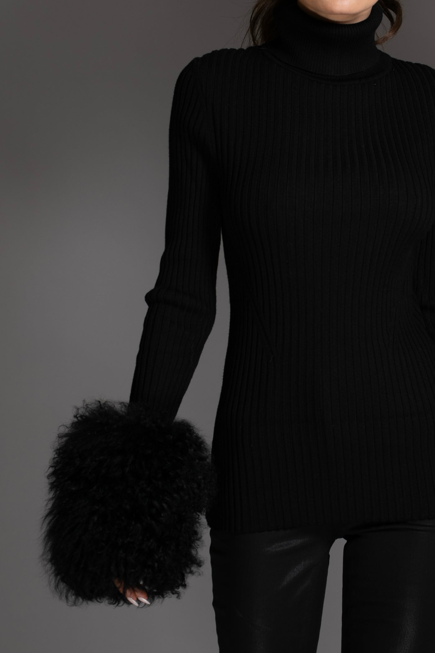 Black Knit Sweater With Mongolian Shearling Cuffs