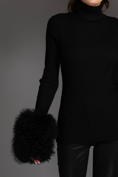 Black Knit Sweater With Mongolian Shearling Cuffs