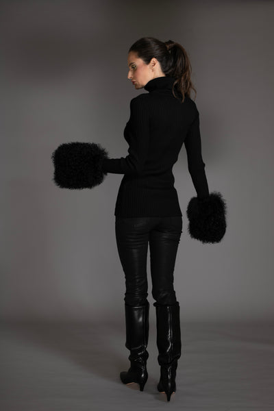Black Knit Sweater With Mongolian Shearling Cuffs