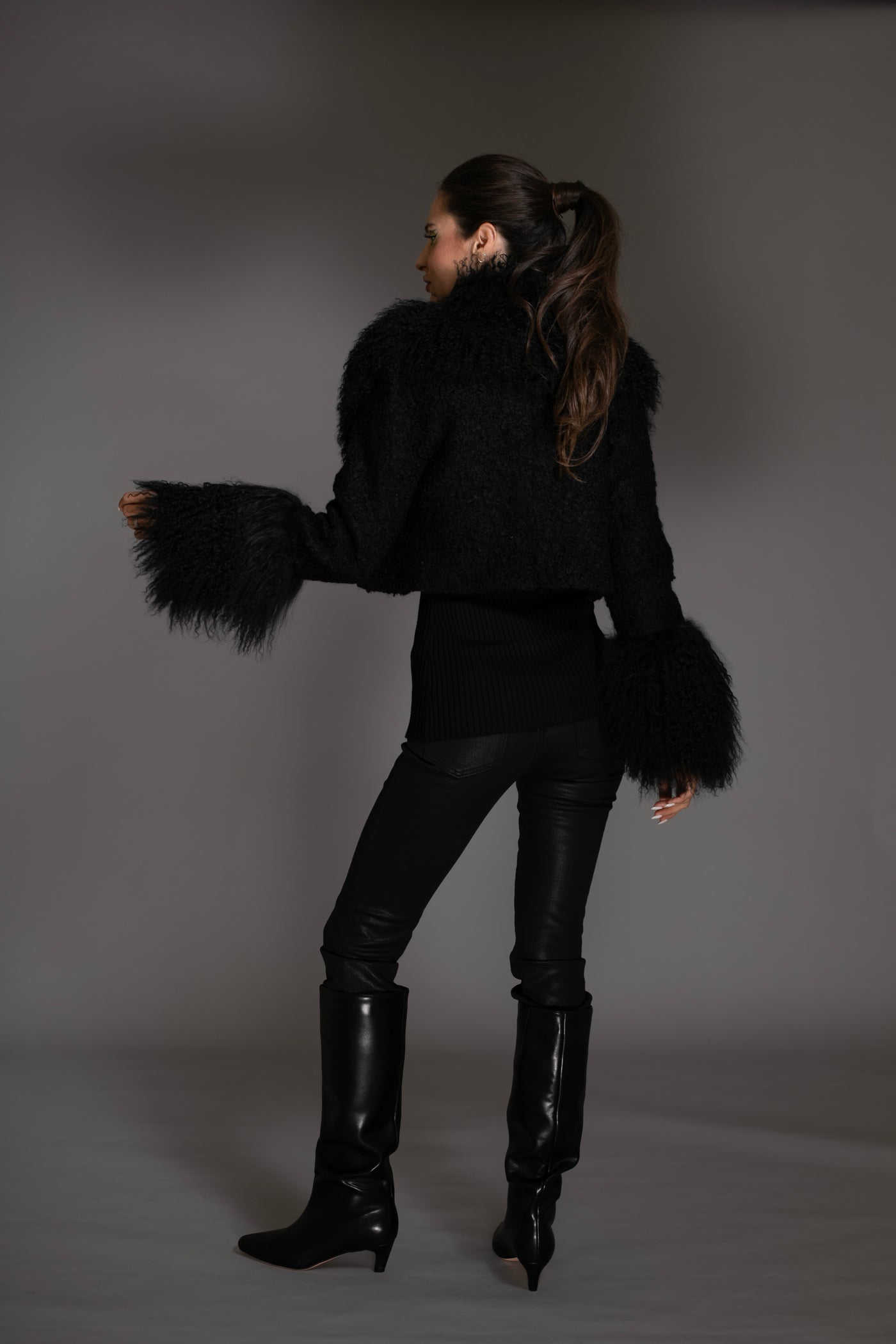 Black Cropped Mongolian Shearling Coat