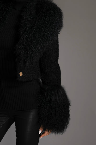 Black Cropped Mongolian Shearling Coat