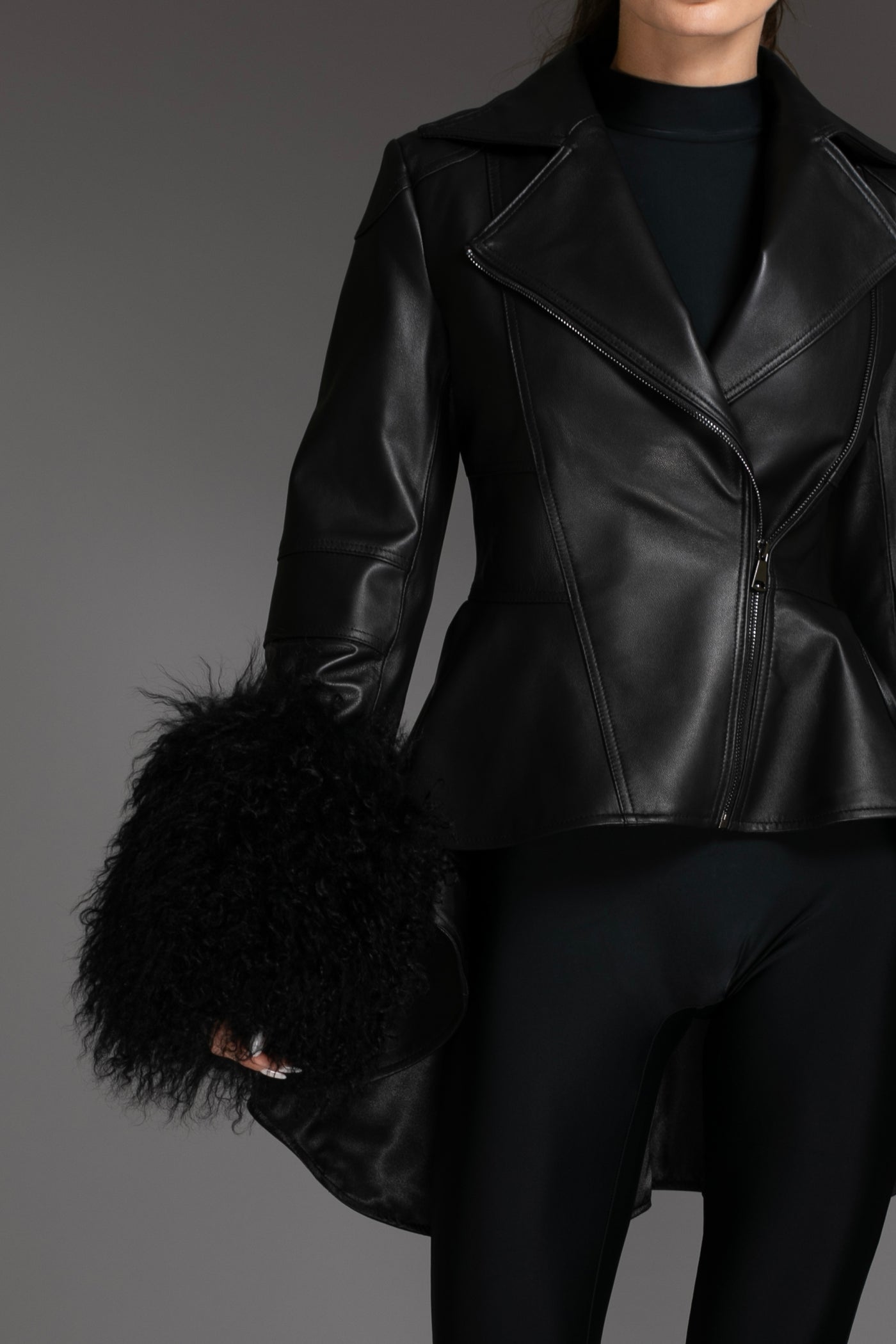 Black Peplum Hi-Low Leather Jacket Mongolian Cuffs