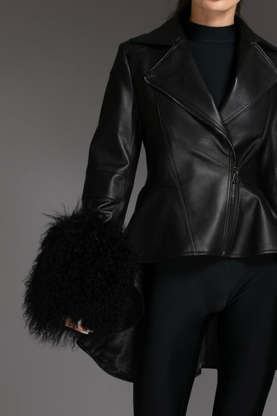 Black Peplum Hi-Low Leather Jacket Mongolian Cuffs