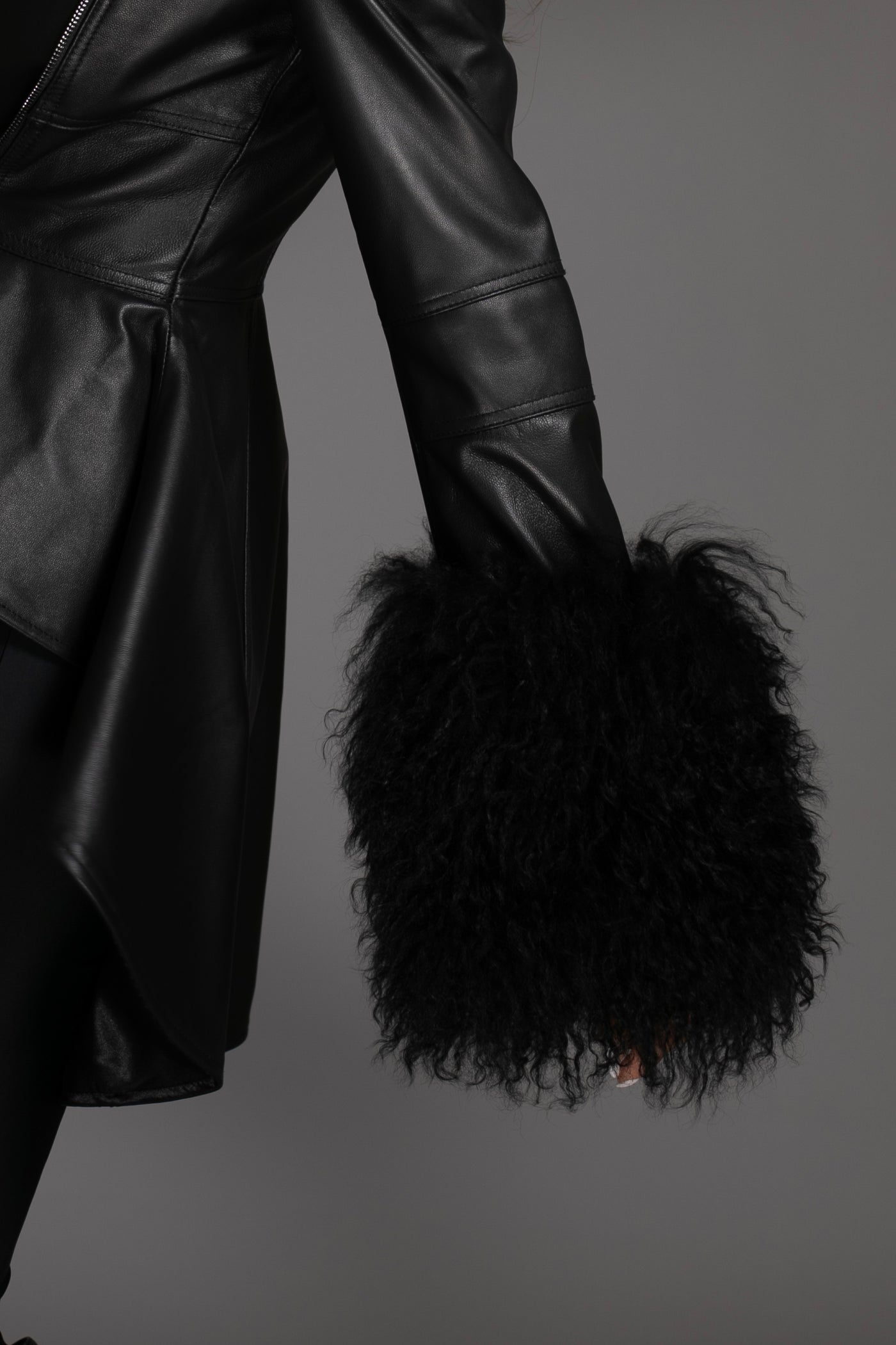 Black Peplum Hi-Low Leather Jacket Mongolian Cuffs