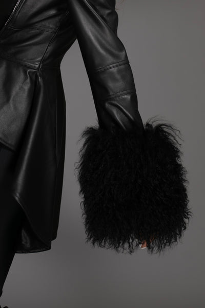 Black Peplum Hi-Low Leather Jacket Mongolian Cuffs