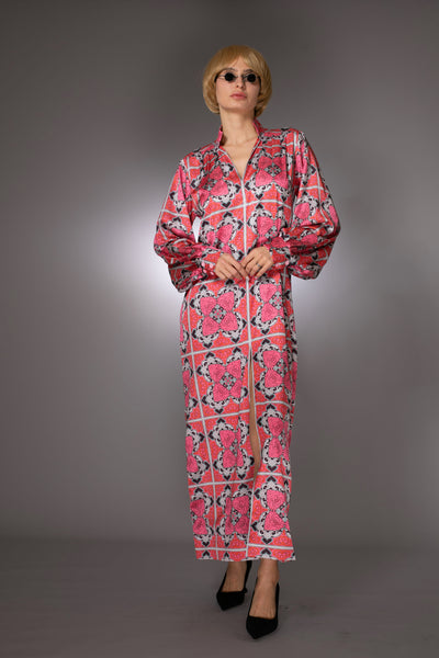 ST- Long Sleeve Pink Satin Caftan Maxi Dress