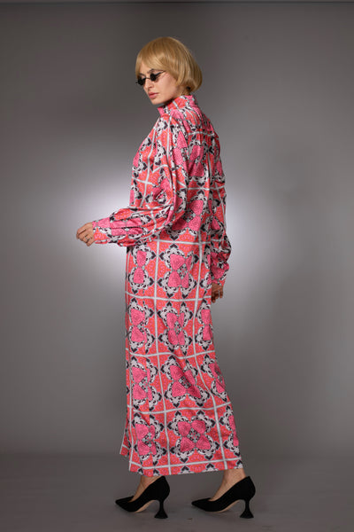 ST- Long Sleeve Pink Satin Caftan Maxi Dress