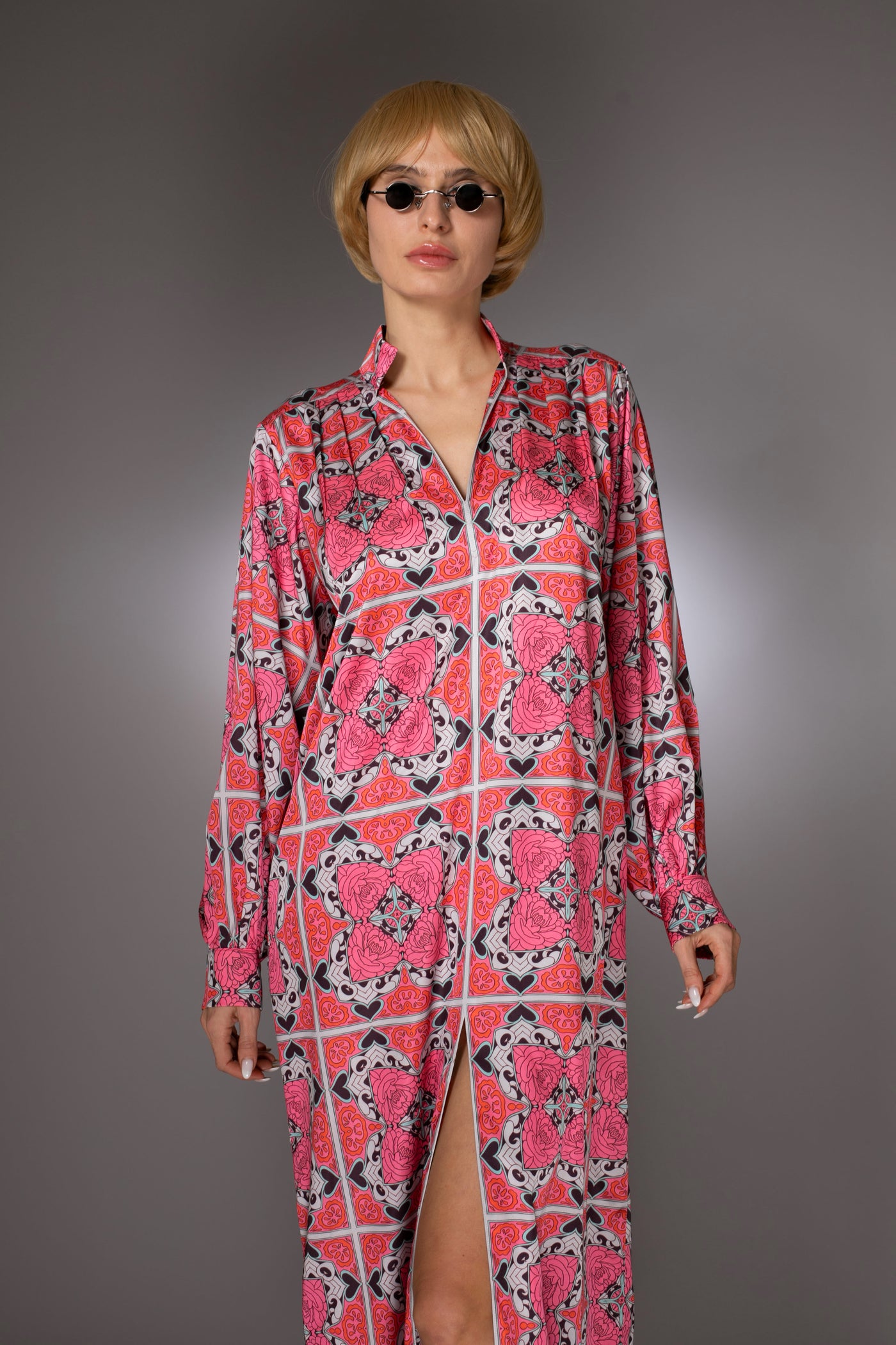 ST- Long Sleeve Pink Satin Caftan Maxi Dress