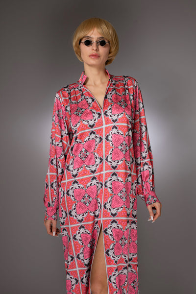 ST- Long Sleeve Pink Satin Caftan Maxi Dress
