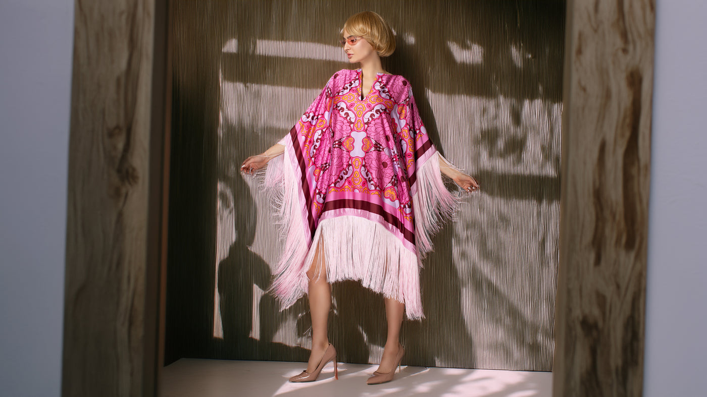 ST- Pink Floral Fringed Satin Short Kaftan Dress