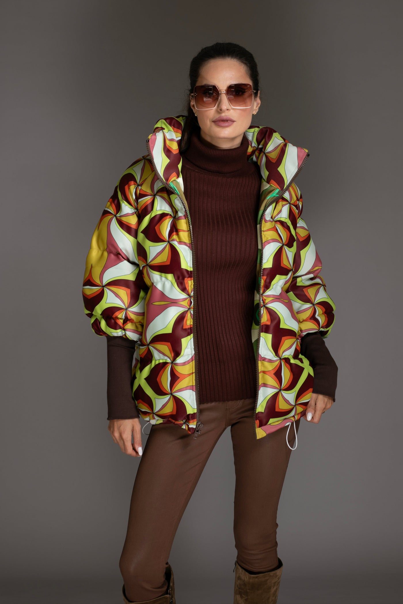 Jacket Abstract Brown Multi Stand-up Collar Puffer