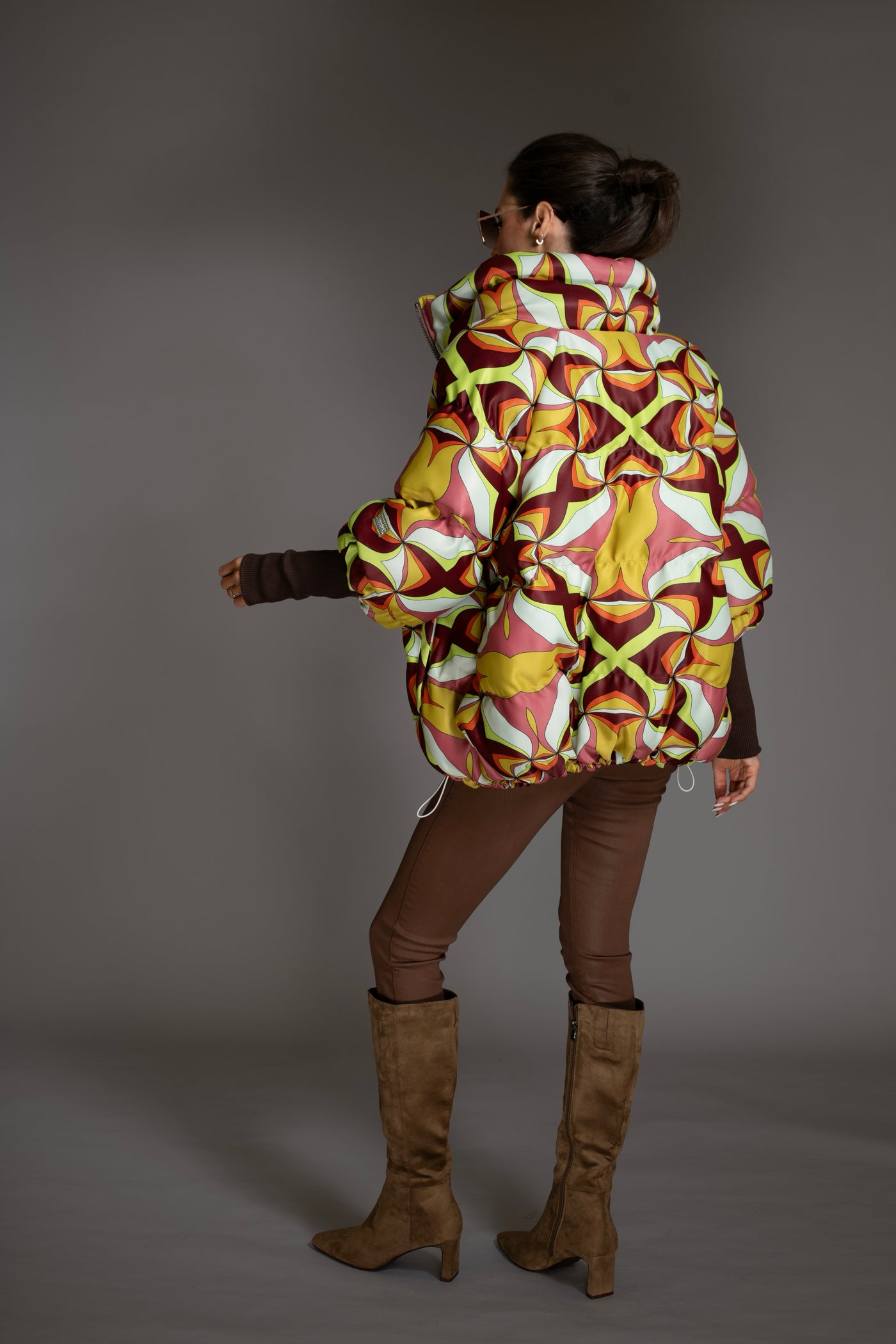 Jacket Abstract Brown Multi Stand-up Collar Puffer