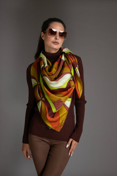 Abstract Gold Brown Print Silk Scarf Sarong
