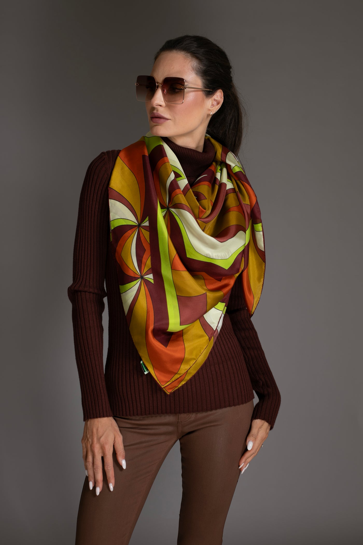 Abstract Gold Brown Print Silk Scarf Sarong