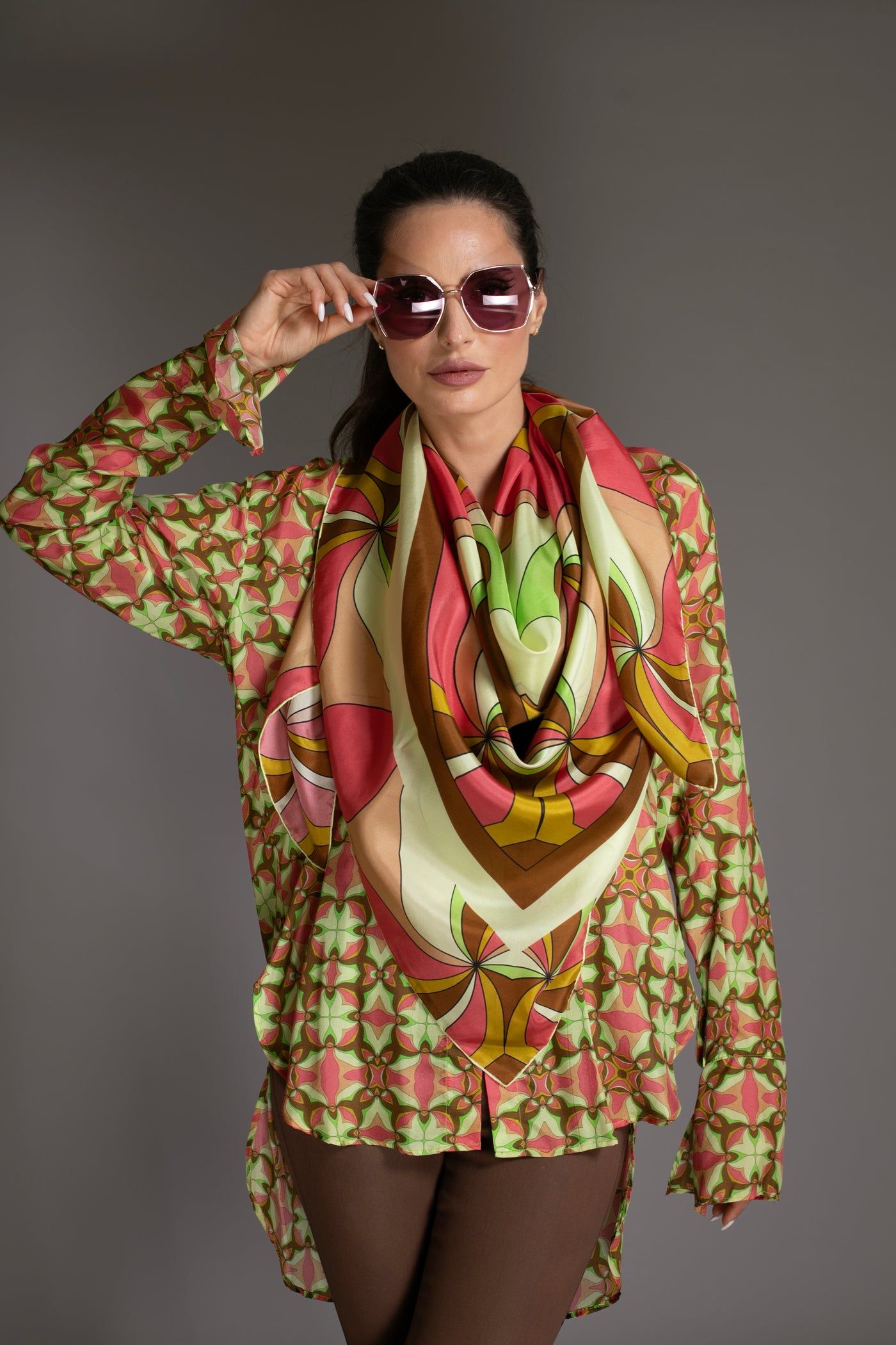 Abstract Gold Brown Print Silk Scarf Sarong