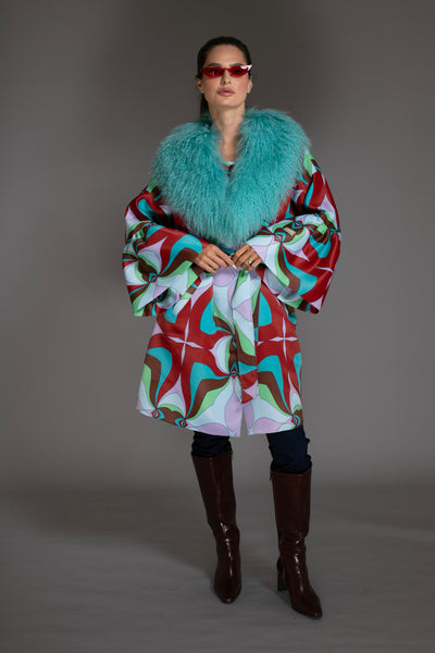 Multicolor Bell Sleeves Coat Mongolian Shearling Collar