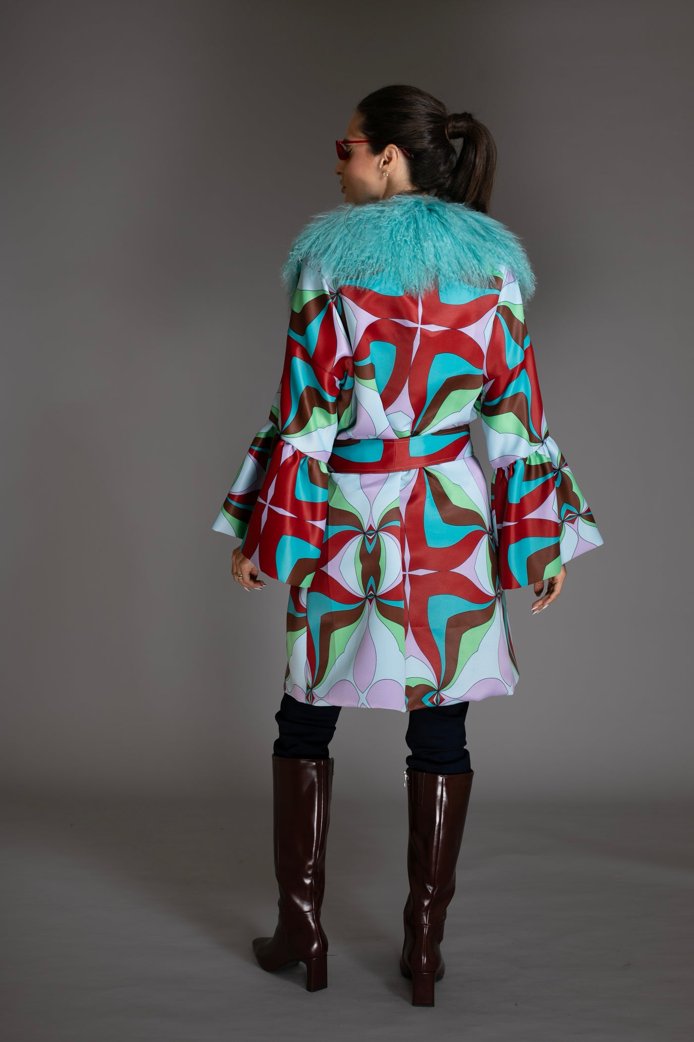 Multicolor Bell Sleeves Coat Mongolian Shearling Collar