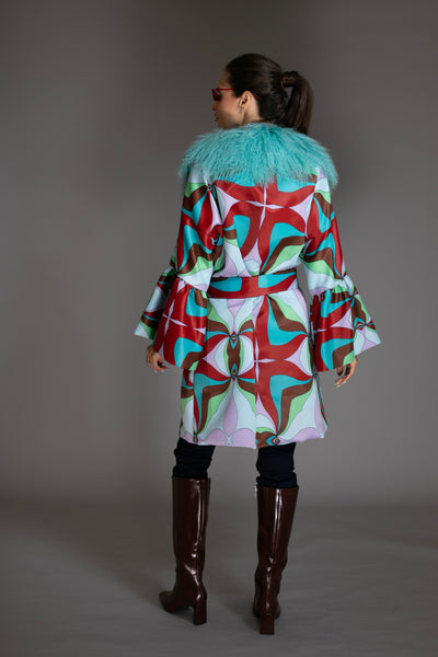 Multicolor Bell Sleeves Coat Mongolian Shearling Collar