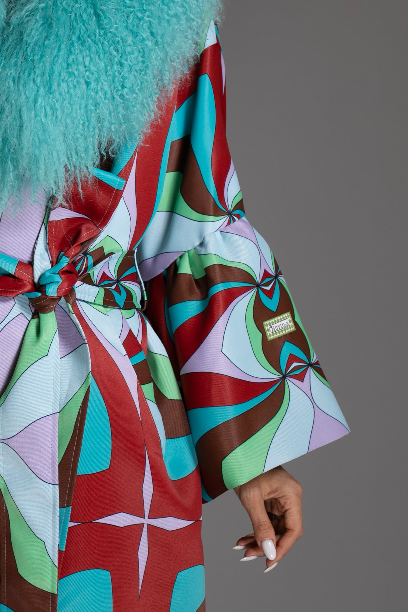 Multicolor Bell Sleeves Coat Mongolian Shearling Collar