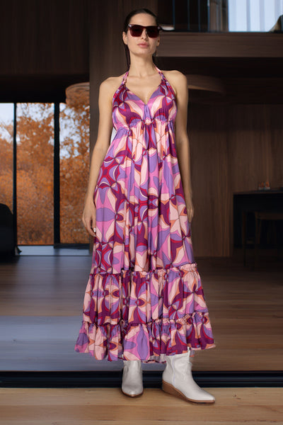 Purple Sleeveless Ruffle Satin Maxi Dress