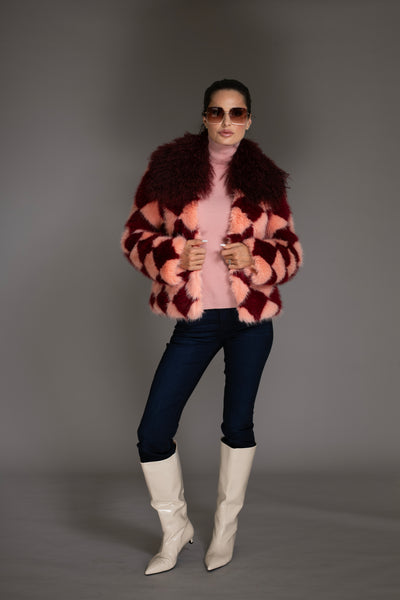 Burgundy Pink Checkered Faux Fur Coat Mongolian Collar