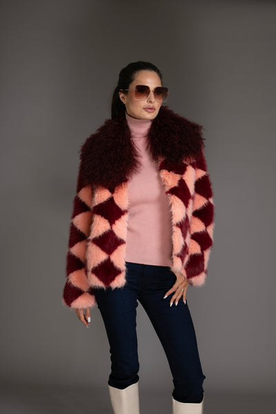 Burgundy Pink Checkered Faux Fur Coat Mongolian Collar