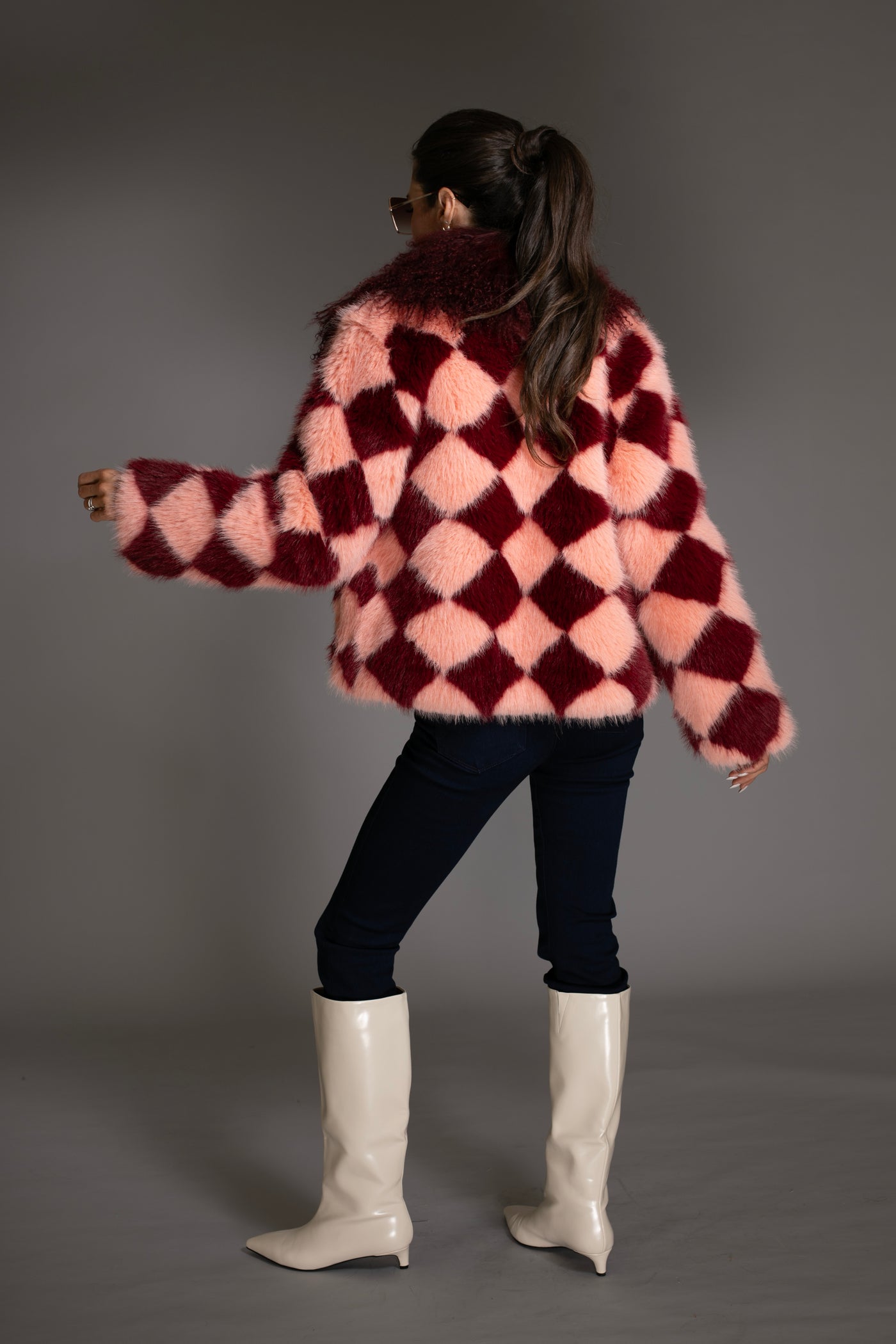 Burgundy Pink Checkered Faux Fur Coat Mongolian Collar