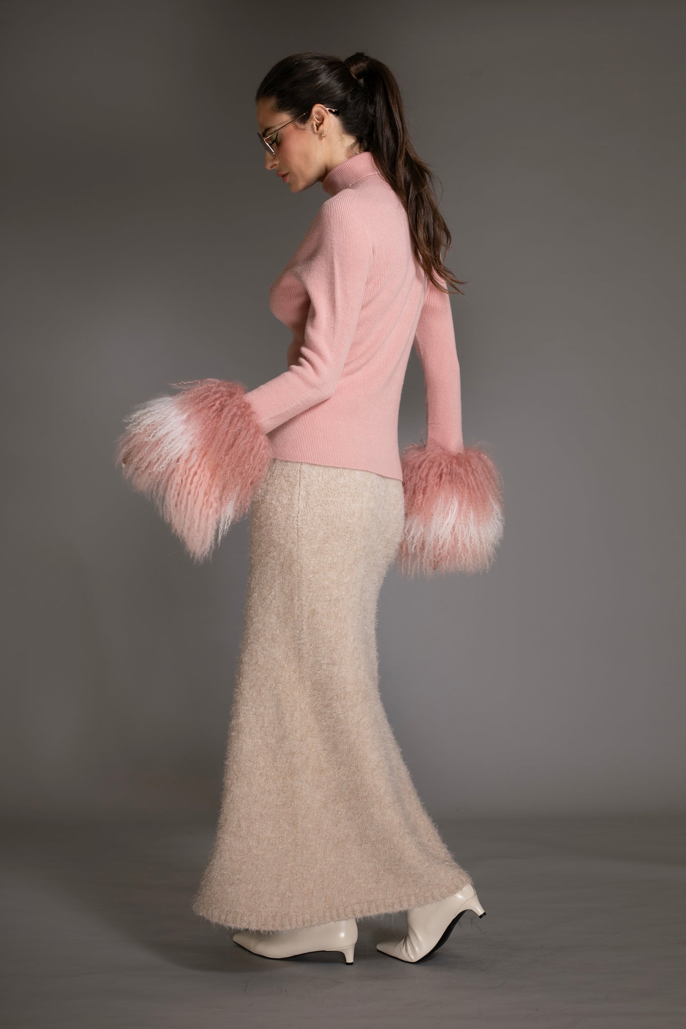 Pink Wool Sweater Mongolian shearling Cuffs