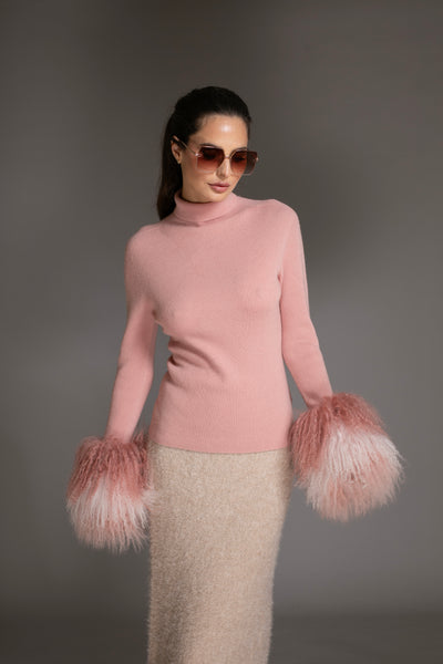Pink Wool Sweater Mongolian shearling Cuffs