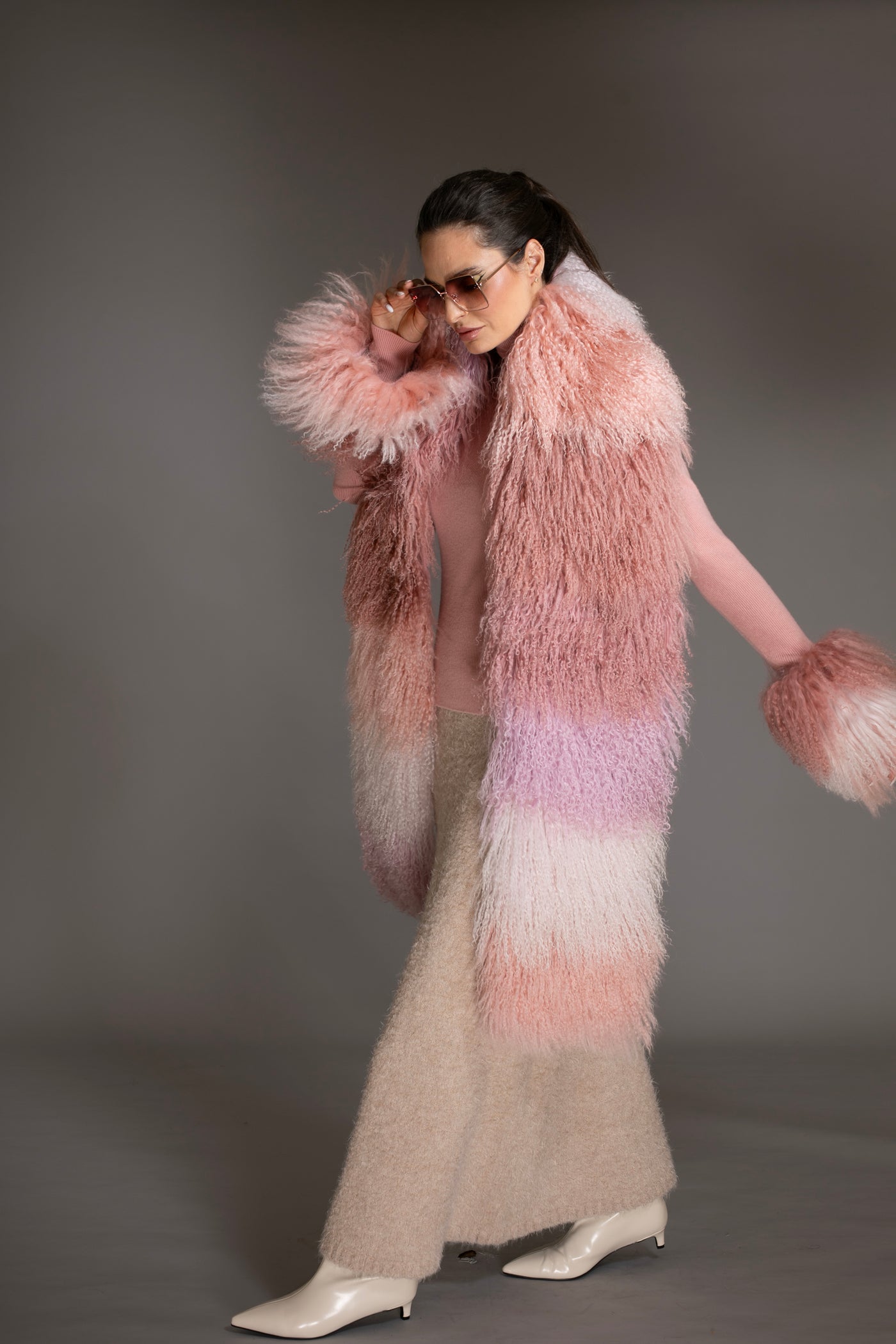 Ombre Mongolian Shearling Shawl Scarf Pink